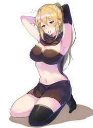 Rule 34 | 1girl, arito arayuru, arm warmers, armpits, arms behind head, arms up, bandeau, bare shoulders, black thighhighs, blonde hair, blue eyes, blush, breasts, brown shorts, cleavage, hair ornament, hair tie in mouth, hairclip, highres, long hair, looking at viewer, medium breasts, midriff, mole, mole under eye, mouth hold, navel, no shoes, original, ponytail, rayuru (arito arayuru), scarf, short shorts, shorts, sidelocks, single thighhigh, solo, stomach, thighhighs, thighs