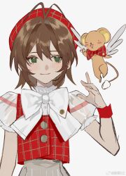 Rule 34 | 1girl, angel wings, antenna hair, beret, bow, bowtie, brown hair, buttons, cardcaptor sakura, chinese commentary, closed mouth, collared shirt, colored eyelashes, commentary request, cropped vest, ferret, frilled shirt collar, frilled sleeves, frills, green eyes, hand up, hat, highres, kero (cardcaptor sakura), light blush, looking at viewer, medium hair, ouge dz, plaid, plaid bow, plaid bowtie, plaid headwear, plaid vest, puffy short sleeves, puffy sleeves, red bow, red bowtie, red hat, red vest, red wristband, shirt, short sleeves, simple background, smile, traditional bowtie, upper body, vest, weibo watermark, white background, white bow, white bowtie, white shirt, white sleeves, white wings, winged animal, wings