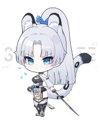 Rule 34 | 1girl, absurdres, animal ear fluff, animal ears, black leotard, blue eyes, blush, breasts, chibi, cleavage, cleavage cutout, closed mouth, clothing cutout, dalgam12, full body, grey hair, high ponytail, highres, holding, holding sheath, holding sword, holding weapon, leopard ears, leopard girl, leopard tail, leotard, long hair, long sleeves, medium breasts, original, parted bangs, puffy long sleeves, puffy sleeves, sheath, shrug (clothing), simple background, solo, standing, sword, tail, unsheathed, v-shaped eyebrows, very long hair, weapon, white background