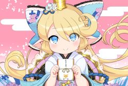 Rule 34 | 1girl, blonde hair, blue eyes, bow, charlotta (granblue fantasy), crown, eyes visible through hair, flipped hair, granblue fantasy, hair bow, harvin, hirob816, holding, japanese clothes, large bow, long hair, looking at viewer, otoshidama, pointy ears, smile, solo, upper body