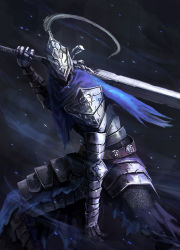 Rule 34 | 1boy, armor, artorias the abysswalker, blue cape, cape, dark souls (series), dark souls i, full armor, gauntlets, grey background, helmet, holding, holding sword, holding weapon, knight, male focus, over shoulder, pauldrons, plume, shoulder armor, solo, standing, sword, torn cape, torn clothes, weapon, yomanika0021