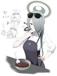 Rule 34 | 1girl, \||/, apron, black apron, blue archive, blush, bowl, braided hair rings, breasts, chibi, chibi inset, chocolate making, closed mouth, collared shirt, dress shirt, eyewear on head, green hair, green halo, hair over one eye, halo, hand on own hip, hand up, highres, light frown, long bangs, long hair, mina (blue archive), red eyes, scratching chin, shirt, sleeves rolled up, speech bubble, sunglasses, tearing up, uni gyoza, white background, white shirt