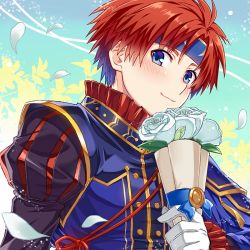 Rule 34 | 1boy, armor, blue armor, blue eyes, blush, fire emblem, fire emblem: the binding blade, fire emblem heroes, gift, headband, looking at viewer, male focus, nintendo, red hair, roy (fire emblem), roy (valentine) (fire emblem), short hair, smile, solo