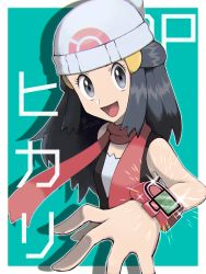 Rule 34 | 1girl, :d, beanie, black hair, character name, commentary request, creatures (company), dawn (pokemon), eyelashes, floating scarf, game freak, green background, grey eyes, hair ornament, hairclip, hat, head tilt, jeri20, looking at viewer, nintendo, open mouth, pokemon, pokemon dppt, poketch, red scarf, scarf, shirt, sleeveless, sleeveless shirt, smile, solo, sparkle, tongue, watch, wristwatch