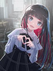 Rule 34 | 1girl, :d, black hair, black skirt, blue eyes, bow, bowtie, close-up, commentary request, cowboy shot, debris, fang, frilled shirt, frilled shirt collar, frilled sleeves, frills, head tilt, heart, heart-shaped pupils, heart hands, high-waist skirt, highres, indoors, light particles, long hair, long sleeves, looking at viewer, multicolored hair, nail polish, open mouth, original, pink nails, red hair, ruins, shirt, skirt, smile, solo, someya mai, standing, symbol-shaped pupils, two-tone hair, v-shaped eyebrows, white shirt