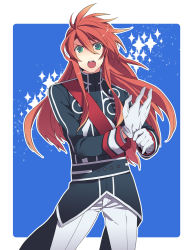 Rule 34 | 00s, 1boy, :o, ahoge, bad id, bad pixiv id, belt, eterno, gloves, green eyes, long hair, luke fon fabre, male focus, official alternate costume, open mouth, pants, red hair, sidelocks, simple background, solo, sparkle, tales of (series), tales of the abyss, uniform