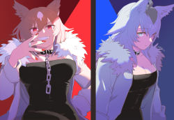 Rule 34 | 2girls, ahoge, alternate animal ears, alternate costume, animal ears, artist name, black collar, black dress, blue background, breasts, brown hair, chain, chain leash, cleavage, coat, collar, collar chain (jewelry), collarbone, commentary request, dress, fangs, fur-trimmed coat, fur trim, grey eyes, grey hair, grin, hair between eyes, hand on own hip, highres, jewelry, leash, long hair, long sleeves, looking at viewer, mukakin, multicolored hair, multiple girls, nail polish, oguri cap (umamusume), red background, red eyes, red nails, ring, sirius symboli (umamusume), smile, spiked collar, spikes, strapless, strapless dress, two-tone hair, umamusume, v-shaped eyebrows, white hair, wolf ears, wolf girl
