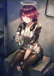Rule 34 | 1girl, absurdres, anbe yoshirou, arknights, black gloves, black pantyhose, breasts, brown eyes, can, cleavage, clothes writing, exusiai (arknights), female focus, fingerless gloves, gloves, grin, hair between eyes, hair over one eye, halo, highres, holding, holding can, jacket, long hair, looking at viewer, medium breasts, open clothes, open jacket, pantyhose, red hair, shirt, short hair, sidelocks, sitting, skirt, smile, solo, white jacket