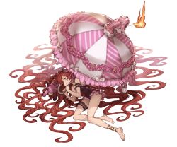 Rule 34 | 10s, 1girl, absurdly long hair, anna (granblue fantasy), arm garter, barefoot, candlelight, fire, frills, full body, granblue fantasy, hair spread out, holding, bridal garter, long hair, lying, minaba hideo, official art, red hair, solo, stuffed animal, stuffed toy, swimsuit, transparent background, umbrella, very long hair, white background