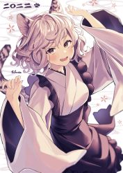 Rule 34 | 1girl, 2022, :d, absurdres, animal ears, apron, arms up, black apron, blush, breasts, brown eyes, chinese zodiac, commentary request, fang, from above, highres, japanese clothes, kimono, long sleeves, looking at viewer, looking up, lq saku, maid, open mouth, original, short hair, silver hair, smile, solo, tail, tiger ears, tiger girl, tiger tail, two-tone background, wa maid, wavy hair, white kimono, wide sleeves, year of the tiger