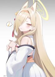 Rule 34 | 1girl, animal ears, blonde hair, blue archive, blush, breasts, detached sleeves, gradient background, hair over one eye, hairband, halo, highres, japanese clothes, kaho (blue archive), large breasts, light brown hair, long hair, looking at viewer, mole, mole under mouth, orange eyes, orange hairband, parted lips, sideboob, simple background, solo, upper body, very long hair, wide sleeves, youguo naberu