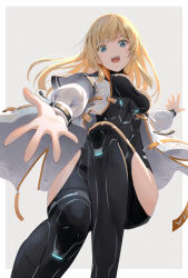 Rule 34 | 1girl, alice gear aegis, black bodysuit, bodysuit, border, breasts, clothing cutout, floating hair, foreshortening, from below, grey background, grey eyes, head tilt, highres, jacket, layered sleeves, long hair, looking at viewer, looking down, medium breasts, merabuchi kanami, open hand, open hands, open mouth, outside border, pinakes, skin tight, solo, thigh cutout, white border, white jacket
