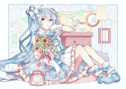 Rule 34 | 1girl, absurdres, antique phone, blue dress, blue eyes, blue hair, bouquet, clock, dress, flower, gloves, hatsune miku, highres, lamp, long hair, mary janes, migolu, phone, rotary phone, shoes, sitting, socks, solo, twintails, vocaloid, white gloves