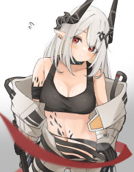 Rule 34 | 1girl, absurdres, arknights, bandaged arm, bandages, bare shoulders, black gloves, blush, breasts, cleavage, closed mouth, collarbone, cowboy shot, earrings, flying sweatdrops, gloves, gradient background, grey background, head tilt, highres, holding, horns, infection monitor (arknights), jewelry, long hair, long sleeves, looking at viewer, material growth, medium breasts, mudrock (arknights), navel, open clothes, oripathy lesion (arknights), pointy ears, red eyes, silver hair, solo, sports bra, steaming body, sweat, undressing, white background
