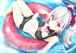 Rule 34 | 10s, 1girl, barefoot, bikini, blush, breasts, cleavage, drill hair, food, from above, grey hair, hair ribbon, ice cream, idolmaster, idolmaster cinderella girls, innertube, kanzaki ranko, long hair, looking at viewer, looking up, lying, navel, oogatazin, open mouth, popsicle, red eyes, ribbon, solo, swim ring, swimsuit, twin drills, twintails, water, wet