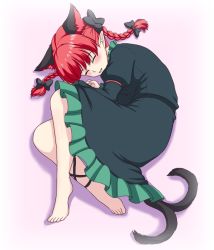 Rule 34 | 1girl, animal ears, barefoot, black dress, blush, bow, braid, cat day, cat ears, cat tail, closed eyes, dress, extra ears, fetal position, full body, hair bow, isaki (gomi), juliet sleeves, kaenbyou rin, leg ribbon, long sleeves, lying, multiple tails, nekomata, on side, open mouth, plantar flexion, pointy ears, puffy sleeves, red hair, ribbon, smile, solo, tail, touhou, twin braids