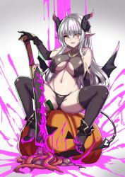 Rule 34 | 1girl, :d, bare shoulders, black footwear, black gloves, black thighhighs, black wings, boots, breasts, cleavage, commentary request, demon girl, demon horns, demon tail, demon wings, elbow gloves, gloves, gradient background, grey background, grey hair, groin, hair between eyes, halloween, highres, horns, jack-o&#039;-lantern, long hair, looking at viewer, medium breasts, miyuki rei, navel, open mouth, original, pointy ears, red eyes, simple background, sitting, smile, solo, spread legs, tail, thighhighs, thighhighs under boots, underboob, very long hair, weapon, white background, wings