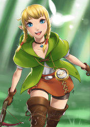 Rule 34 | 1girl, bike shorts, blonde hair, blue eyes, boots, bow (weapon), braid, brown footwear, brown gloves, brown thighhighs, choker, cloak, collarbone, compass, crossbow, dual wielding, fairy, gloves, holding, hyrule warriors, jewelry, leather, leather boots, leather gloves, linkle, looking at viewer, necklace, nintendo, open mouth, pointy ears, polarityplus, shiny skin, shorts, sidelocks, skirt, smile, solo, sunlight, the legend of zelda, thigh boots, thighhighs, twin braids, upper body, weapon, zettai ryouiki
