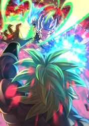 Rule 34 | 2boys, abs, blue eyes, blue hair, blurry, bokeh, broly (dragon ball super), clenched teeth, depth of field, dragon ball, dragon ball super, dragon ball super broly, energy ball, energy beam, fighting, fighting stance, fingernails, fire, from above, from behind, gogeta, green hair, grin, highres, legendary super saiyan, light particles, male focus, mattari illust, messy hair, lava, multiple boys, muscular, outstretched arm, pectorals, smile, spiked hair, super saiyan, super saiyan blue, teeth, toned, toned male, topless male, twitter username, volcano, waistcoat, wristband
