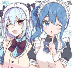 Rule 34 | 1boy, 1girl, ;d, ;o, alternate costume, artist name, black neckwear, blue eyes, blue hair, blue neckwear, blush stickers, bow, bowtie, breasts, collaboration, commentary request, crossdressing, dated, enmaided, finger to mouth, hair between eyes, hair bow, hair ornament, hair ribbon, heart, hololive, hoshimachi suisei, hoshimachi suisei (artist), index finger raised, inuyama tamaki, light blue hair, looking at viewer, maid, maid headdress, making-of available, medium breasts, medium hair, noripro, one eye closed, open mouth, outline, partial commentary, ribbon, short sleeves, side ponytail, signature, simple background, smile, star (symbol), star in eye, striped, striped bow, symbol in eye, trap, tsukudani norio, tsukudani norio channel, twintails, two side up, upper body, virtual youtuber, white background, wrist cuffs