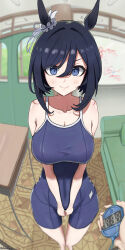 Rule 34 | 1girl, absurdres, ahiru3desuyo, animal ears, black hair, blue eyes, blue one-piece swimsuit, blurry, blurry background, breasts, classroom, cleavage, closed mouth, commentary request, competition school swimsuit, couch, desk, disembodied limb, door, ear ornament, eishin flash (umamusume), feet out of frame, hair between eyes, highres, holding stopwatch, horse ears, horse girl, horse tail, indoors, large breasts, one-piece swimsuit, school desk, school swimsuit, short hair, smile, solo focus, standing, stopwatch, swimsuit, tail, tracen swimsuit, umamusume, v-shaped eyebrows, watch, whiteboard