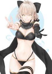 Rule 34 | 1girl, absurdres, ahoge, bikini, black bikini, black gloves, black scarf, bow, breasts, cleavage, closed mouth, double v, fate/grand order, fate (series), gloves, hair bow, hairband, harutask, highres, large breasts, light brown hair, looking at viewer, medium breasts, navel, okita j. souji (fate), okita j. souji (first ascension) (fate), okita souji (fate), okita souji (koha-ace), scarf, short hair, single glove, smile, solo, swimsuit, v, yellow eyes