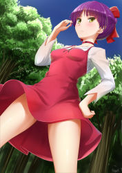 Rule 34 | 1girl, absurdres, artist name, blue sky, blush, bow, brooch, cat girl, choker, closed mouth, commentary, cowboy shot, day, dress, dutch angle, forest, from below, frown, gegege no kitarou, gegege no kitarou 6, hair bow, hair bun, hand in own hair, hand on own hip, highres, jewelry, kayama kouji, lips, long sleeves, looking at viewer, nature, nekomusume, nekomusume (gegege no kitarou 6), outdoors, pinafore dress, pointy ears, purple hair, red bow, red choker, red dress, shirt, short dress, short hair, signature, single hair bun, sky, sleeveless dress, solo, spread legs, standing, thighs, tree, white shirt, yellow eyes