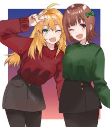 Rule 34 | 2girls, ;d, ahoge, amami haruka, black skirt, blonde hair, border, bow, brown eyes, brown hair, gradient background, green bow, green eyes, green sweater, hair bow, highres, hoshii miki, idolmaster, idolmaster (classic), long hair, long sleeves, looking at viewer, matching outfits, miniskirt, multicolored background, multiple girls, nail polish, one eye closed, open mouth, outside border, pantyhose, red nails, red sweater, short hair, side-by-side, skirt, smile, standing, sweater, v, white border, zono (inokura syuzo029)