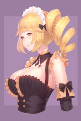 1girl, aisha (king&#039;s raid), blonde hair, breasts, buttons, cleavage, detached sleeves, drill hair, eyelashes, frilled straps, frills, from side, highres, king&#039;s raid, large breasts, long hair, looking at viewer, multicolored hair, parted lips, purple eyes, side drill, sidelocks, sleeveless, solo, underbust, yellow eyes, yu mochi (kamiinu)