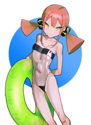 Rule 34 | 1girl, absurdres, arm behind back, arms behind back, black one-piece swimsuit, blue background, covered navel, flat chest, green eyes, gris swimsuit, hair between eyes, half-closed eyes, highres, holding, holding swim ring, innertube, looking at viewer, low twintails, meme attire, one-piece swimsuit, original, parted bangs, pink hair, saaal653, see-through, see-through one-piece swimsuit, smile, solo, strapless, strapless one-piece swimsuit, swim ring, swimsuit, twintails, two-tone background, wet, white background, xenon (saaal653)