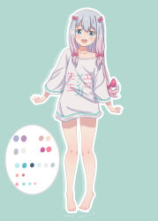 Rule 34 | 1girl, 2017, :d, absurdres, barefoot, blue background, blue eyes, blush, bow, breasts, collarbone, dated, eromanga sensei, full body, grey shirt, hair bow, head tilt, highres, izumi sagiri, long hair, multicolored hair, off shoulder, open mouth, pink hair, raaii, red bow, shirt, silver hair, simple background, smile, solo, standing, two-tone hair