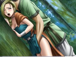Rule 34 | 1boy, 1girl, against tree, bianca (dq5), blonde hair, braid, breasts, cleavage, crimson comics, dragon quest, game cg, grey eyes, hand under clothes, one eye closed, open mouth, tree