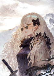 Rule 34 | 1girl, absurdres, bird, black gloves, blonde hair, blunt bangs, blush, bow, branch, commentary, gloves, hair bow, highres, katana, long hair, looking to the side, messy hair, mountain, original, outdoors, owl, parted lips, pointy ears, revision, slit pupils, solo, sunglasses, sword, toriumi harumi, upper body, weapon, yellow eyes