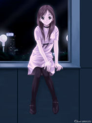 Rule 34 | 1990s (style), 1998, 1girl, artist name, brown hair, building, character request, city, claret (beniya), copyright request, dated, dress, lamppost, long hair, looking at viewer, night, pantyhose, retro artstyle, sitting, solo, window