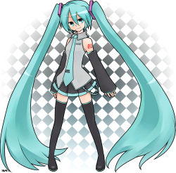 Rule 34 | 1girl, aare (dashvast), absurdly long hair, checkered background, colorized, detached sleeves, full body, green eyes, green hair, hatsune miku, highres, long hair, looking at viewer, matching hair/eyes, necktie, skirt, smile, solo, thighhighs, twintails, very long hair, vocaloid