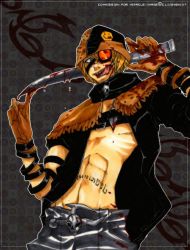 Rule 34 | 1boy, blonde hair, blood, galerians, galerians: ash, gloves, goggles, hat, knife, male focus, parano (galerians), smiley face, solo, tagme, tattoo, teeth, yellow eyes