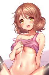 Rule 34 | 1girl, artist name, bare shoulders, black thighhighs, blush, breasts, brown hair, collarbone, commentary, hibike! euphonium, highres, kaptivate, large breasts, lifted by self, looking at viewer, navel, no panties, open mouth, oumae kumiko, pink shirt, shirt, short hair, sleeveless, sleeveless shirt, solo, teeth, thighhighs, upper teeth only