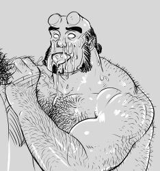 Rule 34 | 2boys, absurdres, after fellatio, bald spot, bara, blank eyes, broken horn, colored skin, cum, cum in mouth, demon boy, facial, facial hair, goatee, hairy, hand hair, handjob, hellboy, hellboy (comic), highres, horns, knuckle hair, large pectorals, looking at viewer, male focus, male pubic hair, mature male, monster boy, multiple boys, muscular, muscular male, mutton chops, nipples, nude, pectorals, pubic hair, red skin, smagma, solo focus, strongman waist, thick arm hair, thick back hair, thick chest hair, thick thighs, thighs, upper body, very hairy, yaoi