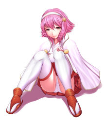 Rule 34 | 1girl, cape, fire emblem, fire emblem fates, hair ornament, hairband, harihisa, highres, japanese clothes, knees up, lips, looking at viewer, nintendo, panties, pantyshot, pink eyes, pink hair, pleated skirt, red eyes, red footwear, red skirt, sakura (fire emblem), shadow, shoes, short hair, simple background, sitting, skirt, solo, thighhighs, thighs, underwear, white background, white panties, white thighhighs
