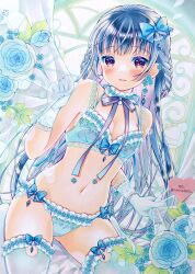Rule 34 | 1girl, aqua bra, aqua gloves, aqua panties, aqua rose, aqua theme, aqua thighhighs, artist name, blue bow, blue hair, bow, bow bra, bow legwear, bow panties, bra, bracelet, braid, breasts, brown eyes, choker, closed mouth, commentary request, cowboy shot, curtains, earrings, flower, flower earrings, frilled bra, frilled choker, frilled panties, frilled thighhighs, frills, frown, gloves, hair bow, highres, jewelry, lace, lace-trimmed bra, lace trim, lilylily0601, lingerie, long hair, looking at viewer, marker (medium), navel, original, panties, rose, small breasts, solo, standing, thighhighs, traditional media, twitter username, underwear, underwear only, very long hair, window