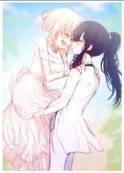Rule 34 | 2girls, black hair, blonde hair, blush, closed eyes, closed mouth, commentary request, dress, hair ribbon, hands on another&#039;s shoulders, inoue takina, lycoris recoil, multiple girls, nishikigi chisato, open mouth, ponytail, raikou104, red ribbon, ribbon, short hair, wedding dress, yuri