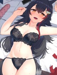 Rule 34 | 1girl, :d, animal ears, armpits, arms up, bed sheet, black bra, black hair, black panties, bra, breasts, cellphone, cleavage, condom, condom wrapper, dildo, highres, hololive, large breasts, lingerie, long hair, looking at viewer, lying, multicolored hair, navel, on back, ookami mio, open mouth, orange eyes, panties, phone, pillow, red hair, sex toy, smartphone, smile, solo, stomach, streaked hair, tail, two-tone hair, underwear, underwear only, very long hair, virtual youtuber, wolf ears, wolf girl, wolf tail, yukidaruma718