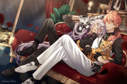 Rule 34 | 2boys, absurdly long hair, ahoge, alternate costume, black footwear, black gloves, black pants, black ribbon, black shirt, black socks, black vest, candle, chaldea logo, chalice, closed mouth, collared shirt, couch, crossed legs, cup, curtains, fate/grand order, fate (series), fern, glint, gloves, green eyes, green necktie, hair between eyes, hair over shoulder, hair ribbon, half gloves, head on another&#039;s shoulder, highres, holy grail (fate), indoors, knee up, loafers, long hair, long sleeves, looking at viewer, lying, male focus, merlin (fate), multiple boys, necktie, nekohanemocha, night, night sky, pants, pink hair, portrait (object), purple eyes, purple hair, purple necktie, ribbon, romani archaman, shirt, shoes, sitting, sky, smile, socks, solomon (fate), tiger, tiger cub, vase, very long hair, vest, white footwear, white pants, white tiger, white vest, window, wing collar