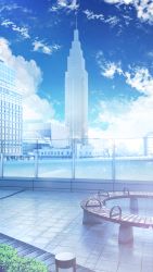 Rule 34 | bench, blue sky, blue theme, building, cityscape, cloud, cloudy sky, commentary request, day, grass, highres, no humans, original, outdoors, railing, scenery, shibuya (tokyo), shinjuku (tokyo), sky, skyscraper, tokyo (city), yoshimo (yoshiki qaws), yoyogi