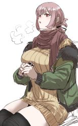 Rule 34 | 1girl, black thighhighs, blush, bow (bhp), breasts, brown sweater, dress, fate/grand order, fate (series), florence nightingale (fate), folded ponytail, green jacket, holding, jacket, large breasts, looking up, open clothes, open jacket, parted lips, pink hair, red eyes, ribbed sweater, scarf, simple background, sitting, solo, sweater, sweater dress, thighhighs, white background
