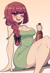 Rule 34 | 1girl, absurdres, alcohol, beer bottle, black bow, blunt bangs, blush, bocchi the rock!, bottle, bow, braid, breasts, cleavage, collarbone, daigada, dress, gradient background, green dress, hair bow, hand on floor, highres, hiroi kikuri, holding, holding bottle, long hair, looking at viewer, medium breasts, off-shoulder dress, off shoulder, one eye closed, open mouth, pink eyes, red hair, shadow, sharp teeth, single braid, sitting, solo, teeth, white background, yellow background