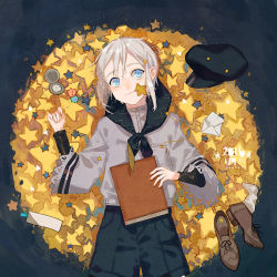 Rule 34 | 1other, androgynous, black hat, blue eyes, blush, book, breast pocket, commentary, compass, constellation print, cowboy shot, envelope, fen renlei, grey hair, hair ornament, hairclip, happy, hat, lace-trimmed sleeves, lace trim, layered sleeves, letter, long sleeves, lying, mouth hold, neckerchief, on back, original, paper, pocket, shoes, shorts, sidelocks, smile, solo, star (symbol), string, symbol-only commentary, tanzaku, two-sided fabric, unworn hat, unworn headwear, unworn shoes, unworn socks