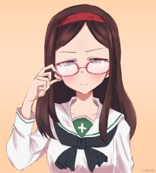 Rule 34 | 10s, 1girl, adjusting eyewear, bespectacled, black neckerchief, blouse, brown eyes, brown hair, closed mouth, frown, girls und panzer, glasses, headband, long hair, long sleeves, looking at viewer, mityubi, neckerchief, ooarai school uniform, pink background, red-framed eyewear, red headband, saemonza (girls und panzer), school uniform, serafuku, shirt, simple background, solo, standing, unusually open eyes, upper body, white shirt