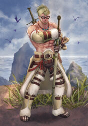 Rule 34 | 1boy, abs, absurdres, bara, beard, belt, black-framed eyewear, blonde hair, blue eyes, boulder, character request, cloud, cloudy sky, detached sleeves, dragon, facial hair, frown, full body, glasses, grass, high ponytail, highres, holding, holding sword, holding weapon, jewelry, kulolin, leather belt, leg belt, looking at viewer, male focus, mature male, monster hunter, monster hunter: world, monster hunter (series), multiple belts, muscular, muscular male, necklace, ocean, pectorals, rock, scar, scar across eye, sheath, short hair, sky, solo, spiked hair, standing, stomach, sword, sword behind back, tooth necklace, topless male, unsheathing, weapon