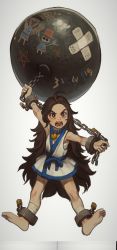 Rule 34 | 1girl, ahoge, ankle cuffs, ball and chain (weapon), barefoot, bell, belt collar, bright pupils, brown eyes, brown hair, chang koehan, chest sarashi, child, child&#039;s drawing, collar, crossed bandaids, highres, holding, holding weapon, huge weapon, jingle bell, jumping, long hair, mossacannibalis, neck bell, open mouth, pretty chang, sarashi, simple background, snk, solo, the king of fighters, the king of fighters all-stars, very long hair, weapon, white background, white pupils